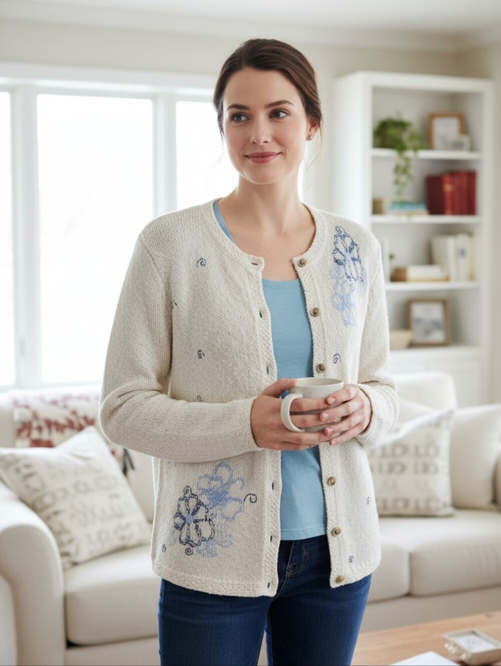 Northern Reflections Cream Cardigan with Blue Floral Embroidered Detailing M